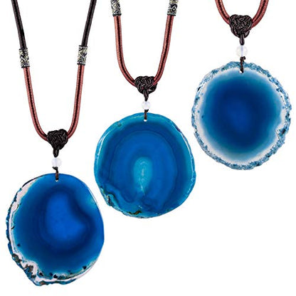 SUNYIK Natural Agate Slice Pendant Necklace for Women Men | Irregular Agate Slice Druzy Geode Pendant Necklace, Adjustable Nylon Rope 17"-29", Boho Healing Crystal Jewelry for Unisex - color: Blue