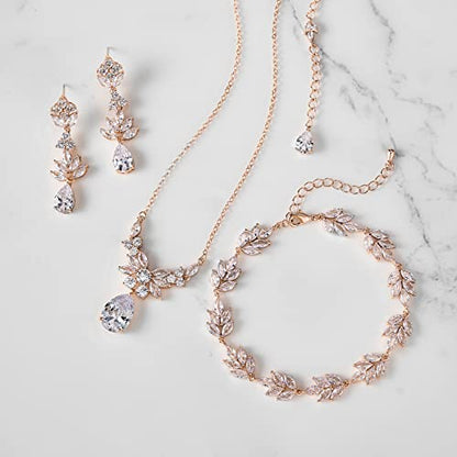 SWEETV Teardrop Wedding Bridal Jewelry Set for Brides Women Bridesmaid, Crystal Rhinestone Backdrop Necklace Earring Sets for Prom - color: 03.Rose Gold