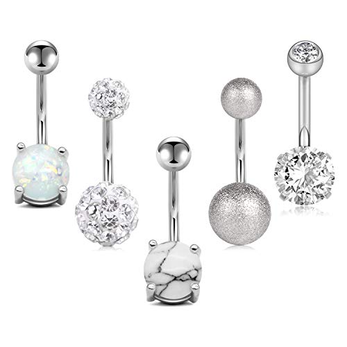 Belly Button Rings Stainless Steel 14G CZ Opal Navel Rings Barbells Women Girls Belly Piercing Jewelry - color: Silver Color-Style A: 5 PCS