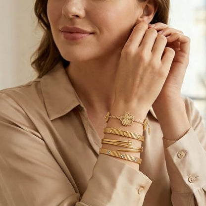 Stackable Gold Bracelets for Women - 4 Sets, 18K Gold Plated Bracelets, Stainless Steel Bangle Bracelets Non-Tarnish, Stylish Gold Jewelry Ensemble, Valentine's Day, Birthday and Christmas Jewelry Gifts - color: A1-(Gold 4Sets)