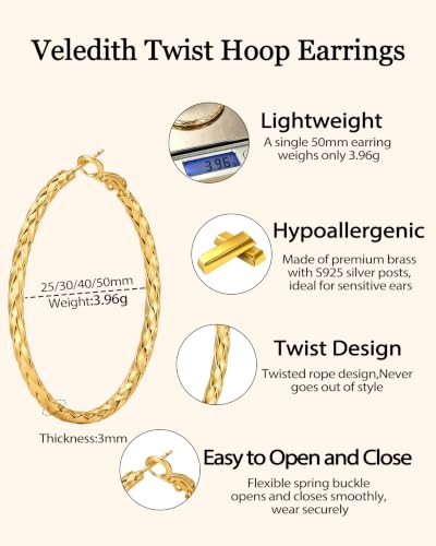 3MM Thin Sterling Silver Hoop Earrings for Women Hypoallergenic | Lightweight Small Silver Hoop Earrings Thin Twisted Hoop Earrings for Sensitive Ears - color: Gold-50MM