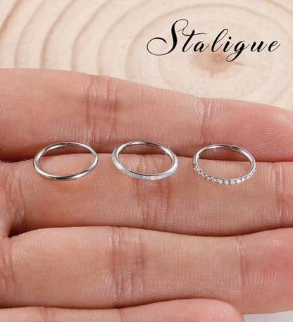 3pcs Nose Rings Hoops - 316L Surgical Steel Hinged Nose Hoops 16G/18G/20G CZ Clicker Septum Nose Ring Lip Helix Cartilage Hoop Earring Daith Rook Conch Body Piercing Jewelry for Women Men 8mm 10mm - color: Silver, size: 20 gauge(0.8mm)-10mm