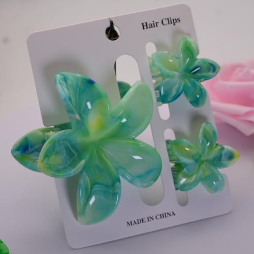 Flower Hair Clips for Women Girls Claw Clips Set Emerald-Green Plumeria with Marble Design Barrettes Summer Hair Clip Fashion Hair Styling Accessories for Thick Thin Hair(3Pcs:1Large 2Small) - color: Emerald-Green