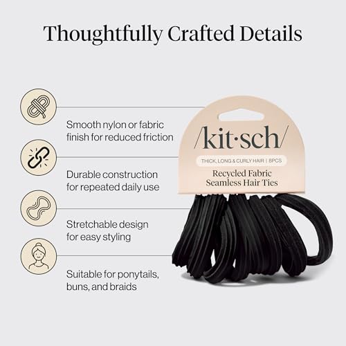 Kitsch Seamless Hair Ties No Damage - Stretchy Hair Bands - Black, 8pcs | Strong All-Day Hold Hair, Rubber Bands For Hair, Ponytail Holders – Hair Accessories for Everyday Use - color: Black (Pack of 8)