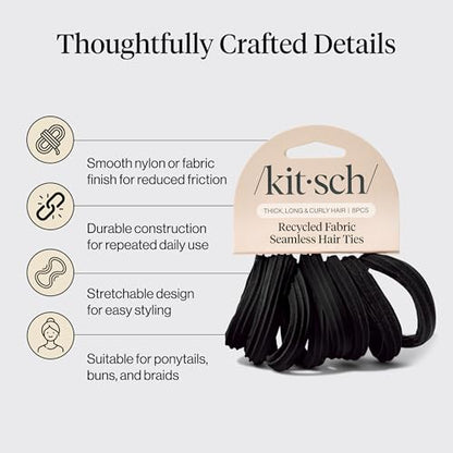 Kitsch Seamless Hair Ties No Damage - Stretchy Hair Bands - Black, 8pcs | Strong All-Day Hold Hair, Rubber Bands For Hair, Ponytail Holders – Hair Accessories for Everyday Use - color: Black (Pack of 8)