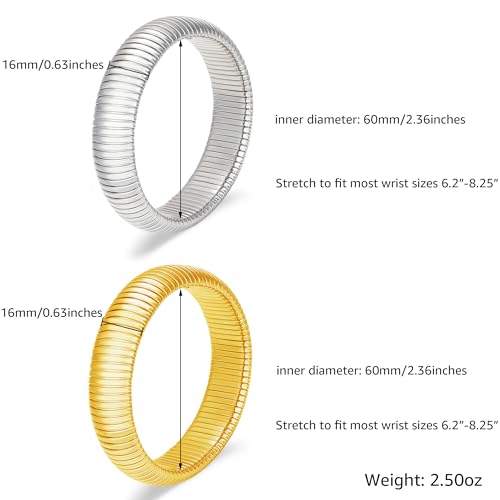 Gold Chunky Stretch Snake Chain Bangle Bracelets Stack for Women Trendy, 18K Gold Filled Stainless Steel Stretchy Womens Stackable Wristband Bangles Bracelet Set - style: GOLD&SILVER 16MM