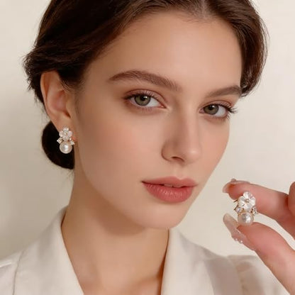 Elegant Pearl Flower Earrings for Women,Sparkling Crystal Studs & Lightweight Dangle Earrings,Hypoallergenic Floral Jewelry Perfect for Daily Wear,Office & Special Occasions