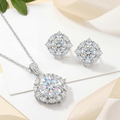 Cubic Zirconia Necklace and Earrings Set for Women 14K White Gold Plated Bridesmaid Silver Jewelry Set for Women Pendant Necklace Hypoallergenic Stud Earrings Set Jewellery Gift for Mom Wife Bride Bridesmaid - color: White-Round Shape