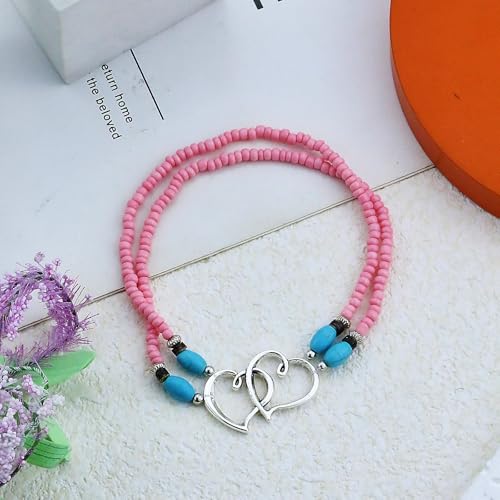 Elastic Beaded Ankle Bracelets for Women Double Heart Layered Stretch Ankle Bracelets Waterproof Dainty Boho Beaded Anklets for Summer Beach Foot Jewelry - color: Pink Silver