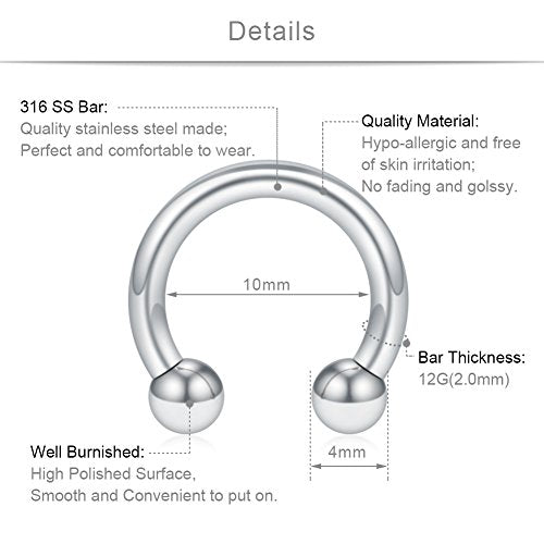 SCERRING 12PCS 10-14mm Stainless Steel Nose Horseshoe Hoop Rings Eyebrow Lip Ear Tragus Septum Piercing Hanger Retainer 16G 14G 12G - style: 12G - Inner Dia. 10mm