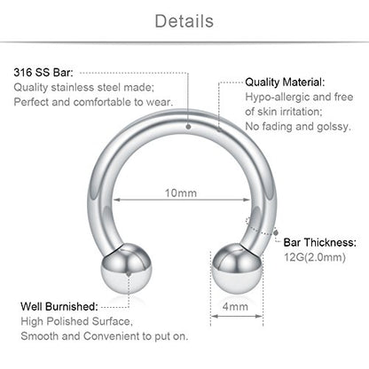SCERRING 12PCS 10-14mm Stainless Steel Nose Horseshoe Hoop Rings Eyebrow Lip Ear Tragus Septum Piercing Hanger Retainer 16G 14G 12G - style: 12G - Inner Dia. 10mm