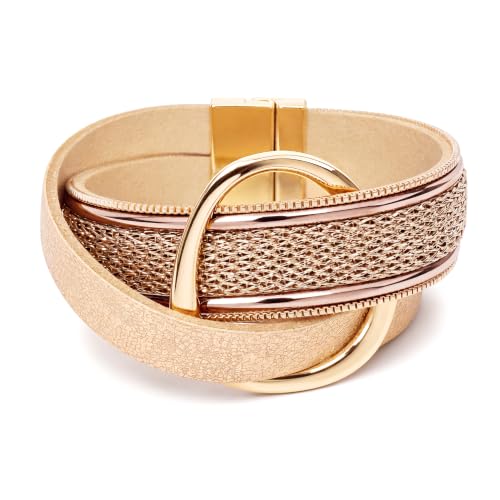 Edoneery Leather Wrap Bracelets for Women, Boho Layered Cuff Bangle | Multi-layer leather cuff, daily wear, stackable bangle, easy on-off, western jewelry gifts for women - color: Gold-2