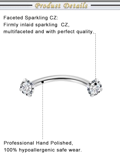 16G Eyebrow Piercing Jewelry Surgical Steel Cubic Zirconia Internally Threaded Vertical Labret Lip Jewelry Curved Barbell Tiny Eyebrow Rings Ear Rook Small Belly Button Ring for Women Men - color: silvertone,bar length:8mm