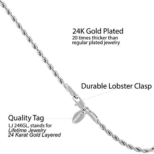 LIFETIME JEWELRY Womens Gold Anklet 3mm Rope Chain Ankle Bracelet 24k Real Gold Plated - color: White Gold