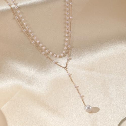 Layered Pearl Y Necklace for Women, Gold Tone Double Strand Faux Pearl Choker Necklace, Elegant Lariat Drop Necklace, Dainty Pearl Layering Jewelry for Everyday Wear and Special Occasions