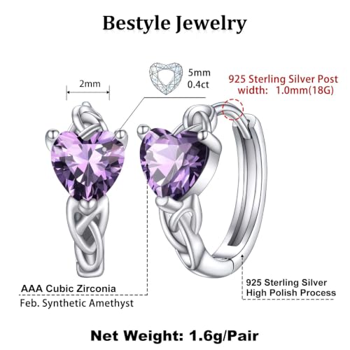 Bestyle 925 Sterling Silver Huggie Hoop Earrings Small Birthstone Hoop Earrings for Women Hypoallergenic Silver Huggie Earring,Great Birthday Earrings Gift for Daughter Wife Mom - color: 02-Purple Amethyst-Hoop