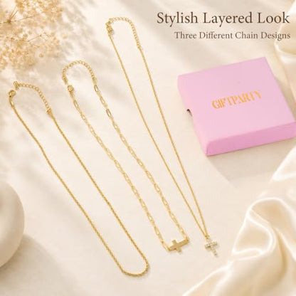 3pcs Gold Cross Necklace for Women, Layered Necklace | 14K Gold Plated Cross Necklaces, Cubic Zirconia Layered Necklace for Women Adjustable Stackable Necklaces Jewelry Set Gift
