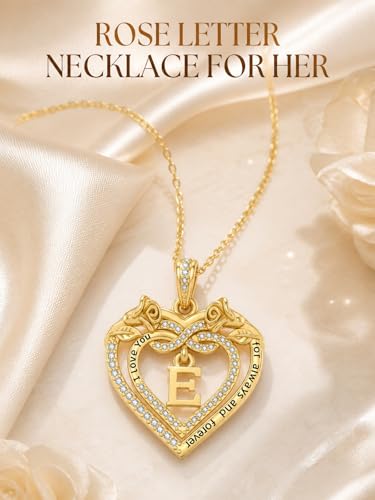 14K Gold Initial Letter Rose Heart Pendant Necklace for Women, Anniversary Birthday Jewelry Gifts for Wife Mom Grandma Sister Daughter, I Love You for Always And Forever - style: 14K Gold-E