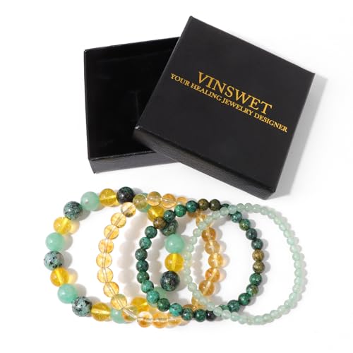 Vinswet 4pcs Beaded Bracelets for Women,Natural Healing Crystal Gemstones Bracelet,Anxiety Stress Relief Bracelet Handmade purple Jewelry Gifts for Women - color: Aventurine&African Turquoise&Citrine