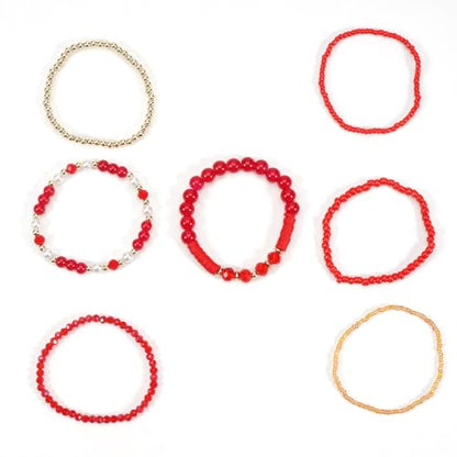 7Pcs Bohemia Multilayer Stackable Crystal Beaded Bracelet Set Multicolor Surfer Heishi Clay Gold Beaded Friendship Stretch Bracelets for Women Men Summer Beach Boho Vacation Jewelry Gifts - color: Z-Red