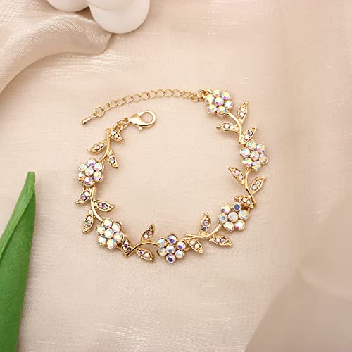 Flower Leaf Crystal Pendant Necklace Dangle Earrings Link Bracelet Bride Bridesmaid Jewelry Sets for Women Wedding Party - color: AB Crystal-Gold Plated