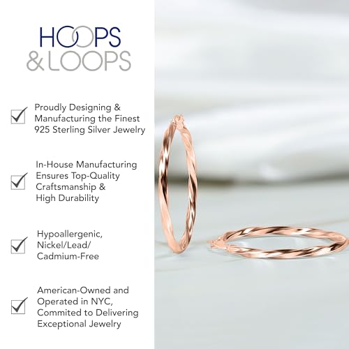 Hoops & Loops 925 Sterling Silver Twisted Hoop Earrings for Women - Hypoallergenic 14K Gold, Rose Gold, Black Flash Plated 2mm Thin Twist Design Round Click-Top Hoops, 15/20/25/30/35/40/50/60mm - color: Rose Gold-15mm (0.59 inch)