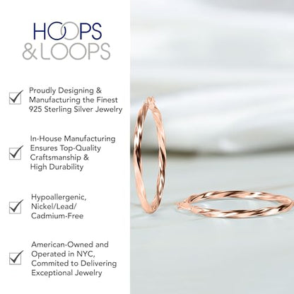 Hoops & Loops 925 Sterling Silver Twisted Hoop Earrings for Women - Hypoallergenic 14K Gold, Rose Gold, Black Flash Plated 2mm Thin Twist Design Round Click-Top Hoops, 15/20/25/30/35/40/50/60mm - color: Rose Gold-15mm (0.59 inch)