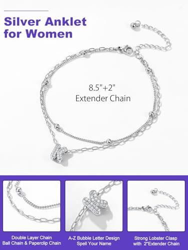 Richsteel Initial Ankle Bracelets for Women Waterproof, 14K Gold Plated/Silver Stainless Steel Anklets, Dainty Adjustable Layered Anklets with Bubble Letter, Non Tarnish Summer Beach Jewelry with Gift Box - color: E-Silver