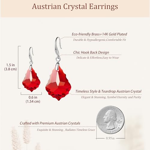 EVEVIC Austrian Crystal Baroque Teardrop Dangle Earrings for Women | 14K Gold-Plated,Hypoallergenic,Brilliant Facets,Fluid Movement,Easy-Wear Fishhook Fit,For Daily Wear And Special Occasions - color: Red