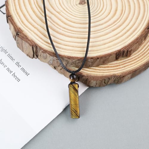 weryerker Natural Gemstone Pendant Necklace for Men, Healing Crystal Pendant, Cuboid Amulet Pendant with Adjustable Wax Rope - color: Tiger's Eye
