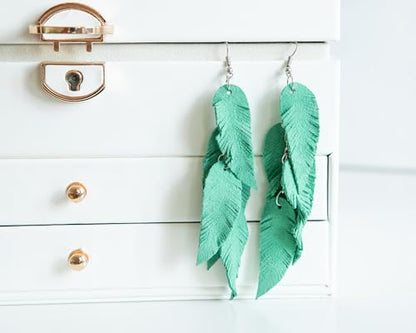 Leather Feather Earrings, Suede layered earrings, boho wedding jewelry, summer earrings, gift for her, dangle earrings - color: Light green