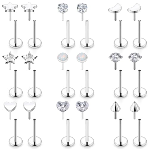 Threadless Noses Rings, Flat Back Earrings, 20/18/16g-Gauge 5/16in-Post 3mm-Top, Hypoallergenic Surgical Steel Medusa Lip Labret Cartilage Helix Tragus Conch Piercing Jewelry for Women Men - color: White, size: 20g*8mm