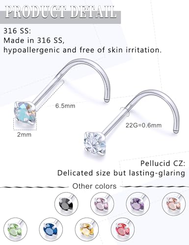 18G 20G 22G Round Cubic Zirconia Nose Rings Studs for Women Men 316L Stainless Surgical Steel Nose Ring Stud Piercing Jewelry Silver Clear CZ 1.5mm 2mm 3mm - style: 22G Screw Silver CZ 2mm