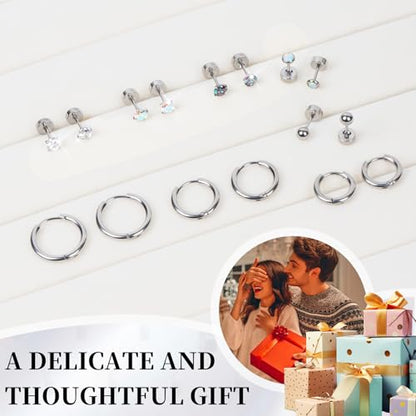 Surgical Steel Earrings for Sensitive Ears Hypoallergenic 20G Stainless Steel Stud Hoop Earrings for Women Men Small Opal Ball CZ Surgical Steel Flat Back Earrings Cartilage Earrings Hoop Stud - color: Silver