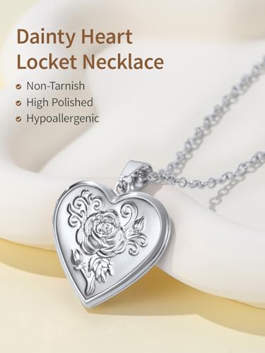FindChic Locket Necklace for Women Custom Photo Memorial Gifts 4 Colors | Silver/Black/Rose Gold/Gold Plated Personalized for Loved Ones, Birthday Valentine's Day Keepsake - style: 12. Rose Relief (DIY)-Silver