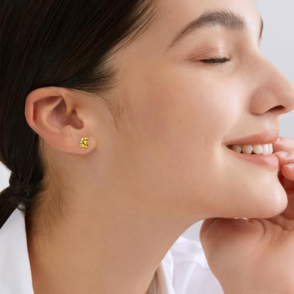 DAYBYDAY 925 Sterling Silver Birthstone Earrings for Women, Crystal Stud Earrings, 6.5mm Round Cut Solitaire Gemstone Earrings Birthday Jewelry - style: Round Cut-11. Nov/created citrine