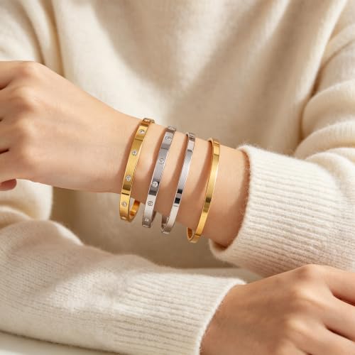 Minimalist Two-Tone Stackable Bangle Set for Women – Stainless Steel Bracelets with Crystal Accents