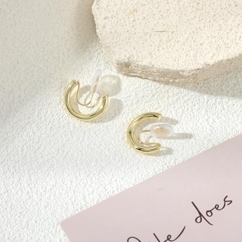 2 Pairs Gold Chunky Hoop Earrings for Women | Small Lightweight Clip On Earrings for Non Pierced Ears, Comfortable Cushion & Non-Slip Grip for Sensitive Ears