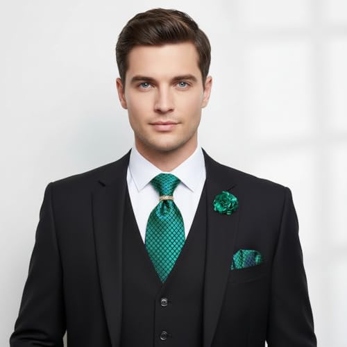 5PCS Mens Silk Tie, Pocket Square, Cufflinks, Drilled Tie Ring and Lapel Pin Set for Wedding Groom Party - color: Green Tie Set -61