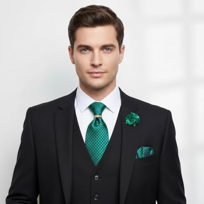5PCS Mens Silk Tie, Pocket Square, Cufflinks, Drilled Tie Ring and Lapel Pin Set for Wedding Groom Party - color: Green Tie Set -61