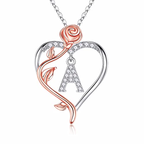 Iefil Rose Heart Initial Necklace, Anniversary Birthday Gifts for Women | Gift Box Packaging, 925 Sterling Silver, Jewelry Gift for Her Wife Mom Girlfriend, Initial A-Z, 19+2inches - color: IEFIL Jewelry Box, style: "A