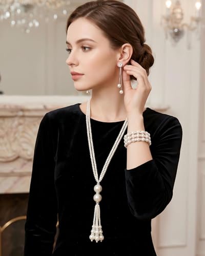 Pearl Necklace Set - Faux Pearl Earrings and Bracelets Jewelry Set for Women Wedding Bridal Shower Tea Party Accessories - style: 9pcs-silver