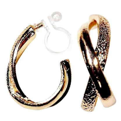 Hoop Invisible Clip On Earrings for Women Not Pierced Gold Small Twisted Hoop Comfortable Silver Large Clip On Earrings - color: Textured Cross Hoop Gold