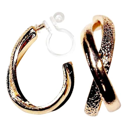 Hoop Invisible Clip On Earrings for Women Not Pierced Gold Small Twisted Hoop Comfortable Silver Large Clip On Earrings - color: Textured Cross Hoop Gold