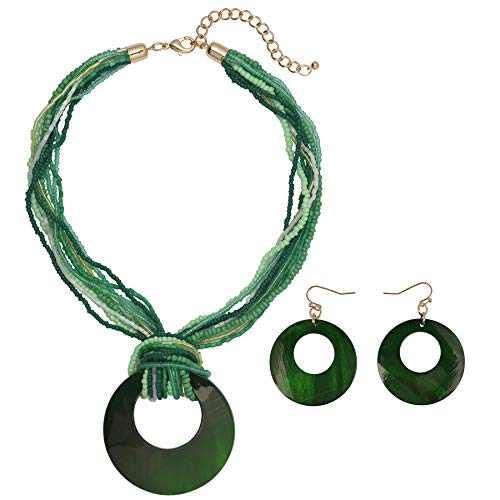 Coiris Multi Strand Statement Colorful Beaded Necklace with Big Circle Shell Pendant for Women - color: Dark Green