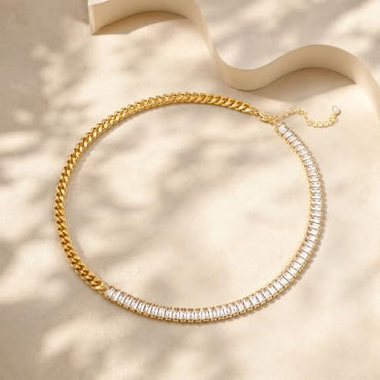 IMBOS 14K Gold Plated Chunky Chain Choker Necklaces for Women Chunky Gold Necklace Tennis Necklace for Women CZ Love Chain Cuban Link Choker Jewelry Gifts - color: Gold-Baguette Cuban