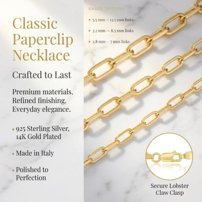 Paperclip Chain Necklace for Women | Sterling Silver or 14K Gold Plated | 2.8mm 3.2mm 5.5mm | 16–30 Inch Italian Link Layering Chain - color: Gold Plated - 3.2mm