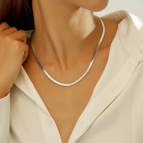 wgoud Gold Necklace for Women Waterproof,14K Real Gold Plated Herringbone Choker Necklace for Women Trendy, Dainty Gold Chain Necklaces Stack,Simple Layered Gold Necklaces for Women Jewelry Gifts - color: 3Pcs Silver Necklace