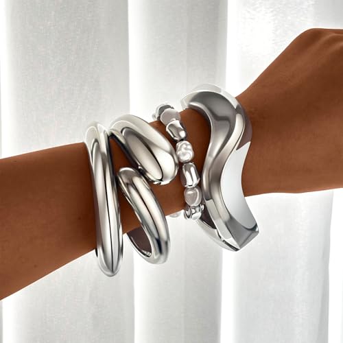 MOZAKA 4PCS Chunky Gold Bangle Bracelets for Women | Trendy Wide Wrist Cuff Bracelets Stack Statement Bangle Fashion Jewelry Gift - color: silver