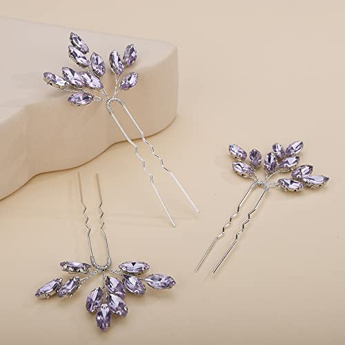 Teyglen 3pcs Bridal Crystal Hair Pins Rhinestones Hair Pieces Simple Purple Crystal Wedding Hair Pins Handmade Hair Accessories for Women Bride(Purple) - color: Purple